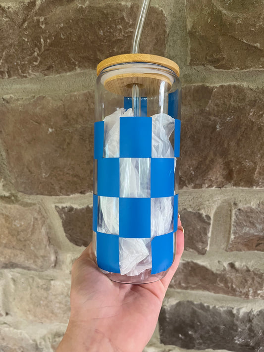 BLUE CHECKERED GLASS CUP