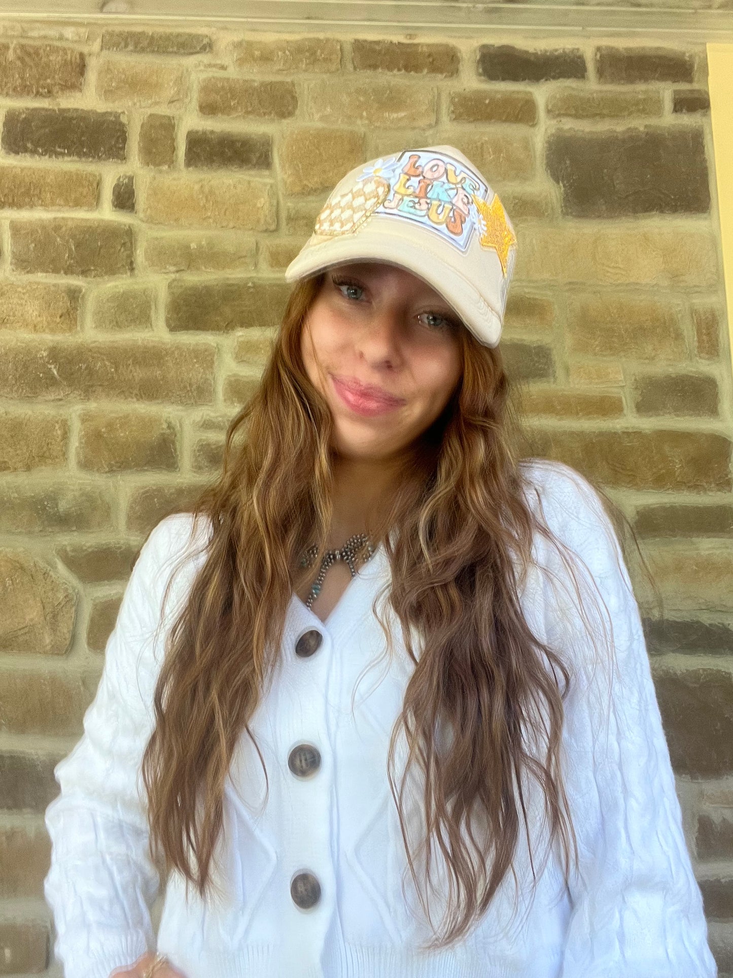 LOVE LIKE JESUS TAN TRUCKER HAT