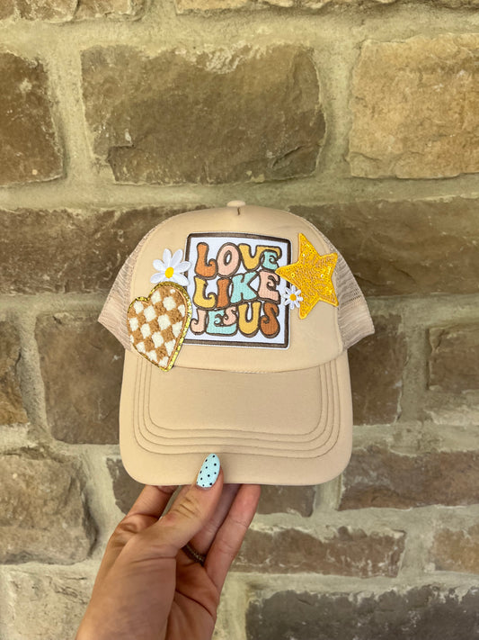 LOVE LIKE JESUS TAN TRUCKER HAT