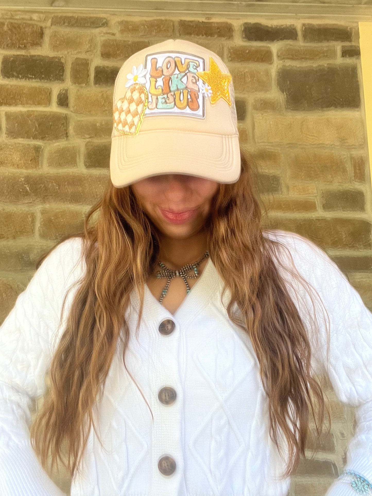 LOVE LIKE JESUS TAN TRUCKER HAT